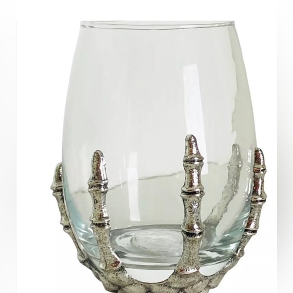 Halloween Gothic Skeleton Hand Clear Stemless Wine Glass New - Picture 6 of 7